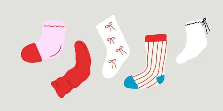 Cozy Socks Vector Illustration Set. Pink and Red.