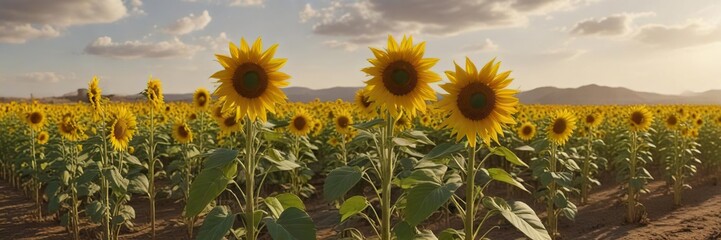 Fototapeta premium Tall sunflower plants with fully ripe yellow flowers in a dry field, farm landscape, autumn landscape, tall stalks