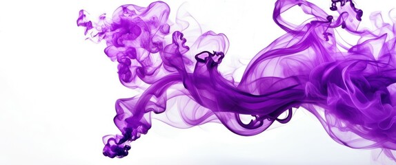 Fototapeta premium Photograph of a purple ink cloud in water, abstract, fluid motion, dynamic, swirling, wispy tendrils, high quality, bright, vivid, contrast, white background