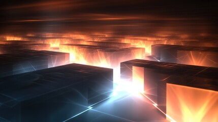 Abstract digital landscape with glowing cubes in warm orange and cool blue hues, creating a vibrant, futuristic vibe.