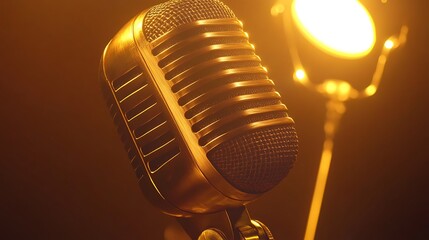 A vintage microphone with brushed brass details against a glowing gold spotlight backdrop