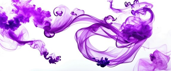 Fototapeta premium Photograph of a purple ink cloud in water, abstract, fluid motion, dynamic, swirling, wispy tendrils, high quality, bright, vivid, contrast, white background