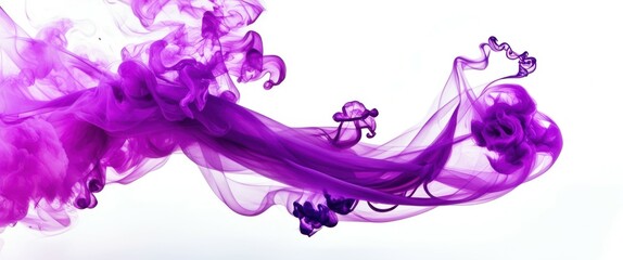 Fototapeta premium Photograph of a purple ink cloud in water, abstract, fluid motion, dynamic, swirling, wispy tendrils, high quality, bright, vivid, contrast, white background