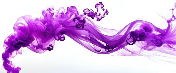 Photograph of a purple ink cloud in water, abstract, fluid motion, dynamic, swirling, wispy tendrils, high quality, bright, vivid, contrast, white background
