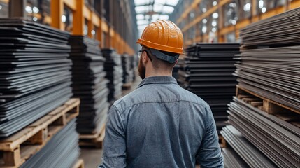 A worker in a safety helmet inspects stacks of metal sheets in a large warehouse setting, emphasizing industrial safety and storage.