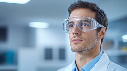 Fototapeta premium A focused scientist in a lab coat and safety goggles contemplates in a modern laboratory environment, embodying professionalism and curiosity.