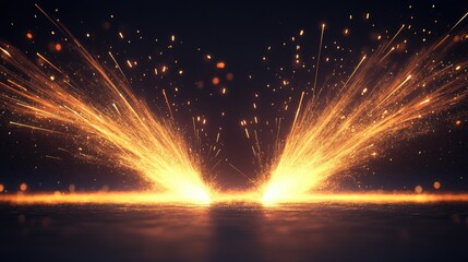 Dynamic sparks burst from a central point, illuminating the dark background with vibrant orange and gold tones.