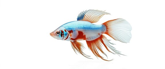 Fototapeta premium Photo of a vibrant blue and orange betta fish swimming in a clear water tank, bright lighting, high quality, watermark, jpeg artifacts