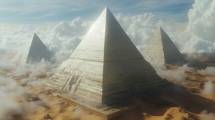 Obraz premium Three Ancient Pyramids Rise Above Desert Clouds