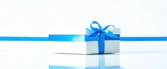 Photo of a small gift box wrapped in blue and white stripes, with a blue ribbon tied in a bow on top, sitting on a reflective surface, white background, bright lighting, high quality, jpeg artifacts