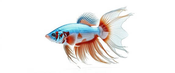 Fototapeta premium Photo of a vibrant blue and orange betta fish swimming in a clear water tank, bright lighting, high quality, watermark, jpeg artifacts