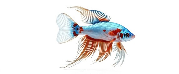 Fototapeta premium Photo of a vibrant blue and orange betta fish swimming in a clear water tank, bright lighting, high quality, watermark, jpeg artifacts