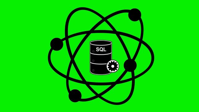 video animation black and white icon database and molecule atom in data science concept, on a green chroma key background
