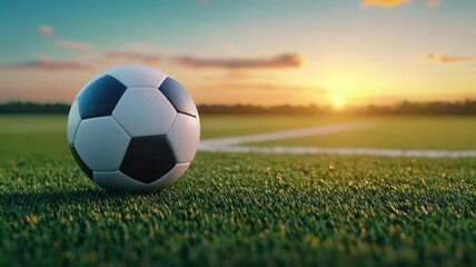 Fototapeta premium 3D Soccer ball rolling slowly across a sunlit soccer field with motion blur, symbolizing momentum, focus, and the essence of the game, clean cinematic background