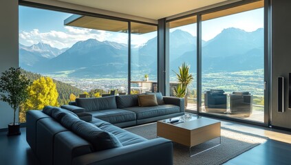Fototapeta premium Modern Living Room with Stunning Mountain View