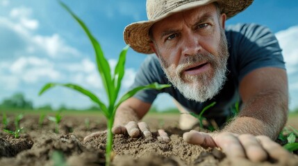 Senior Bearded Man Farmer Planting Vegetable Crop by Hand in Lush Green Countryside Field  Concept of Sustainable Agriculture Cultivation and Organic Farming Lifestyle