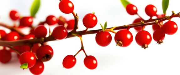A close-up photograph of a branch with bright red berries and green leaves. The berries are small, round, and shiny, clustered together in groups. The leaves are long and narrow, with a smooth texture