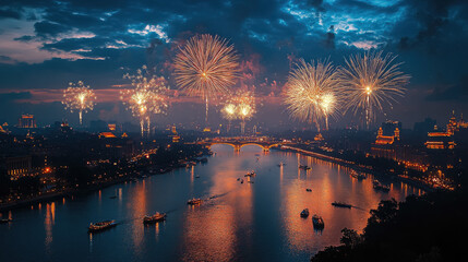 photo of fireworks in the sky over Beijing at night, Chinese New Year, China, holiday, National Day of the People's Republic of China, celebration, landscape