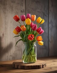 Tulips in a glass jar with a rustic wooden base, halloween decoration, autumn arrangement, centerpiece