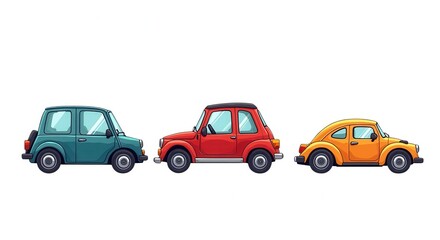 Fototapeta premium Colorful Cartoon Car Illustration Collection Featuring Green, Red, and Yellow Classic Vehicles for Transport Design Projects