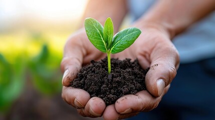 Hands Gently Holding and Nurturing a Sprouting Green Plant in Soil for Sustainable Growth and Environmental Conservation  Concept of new life nature preservation ecology