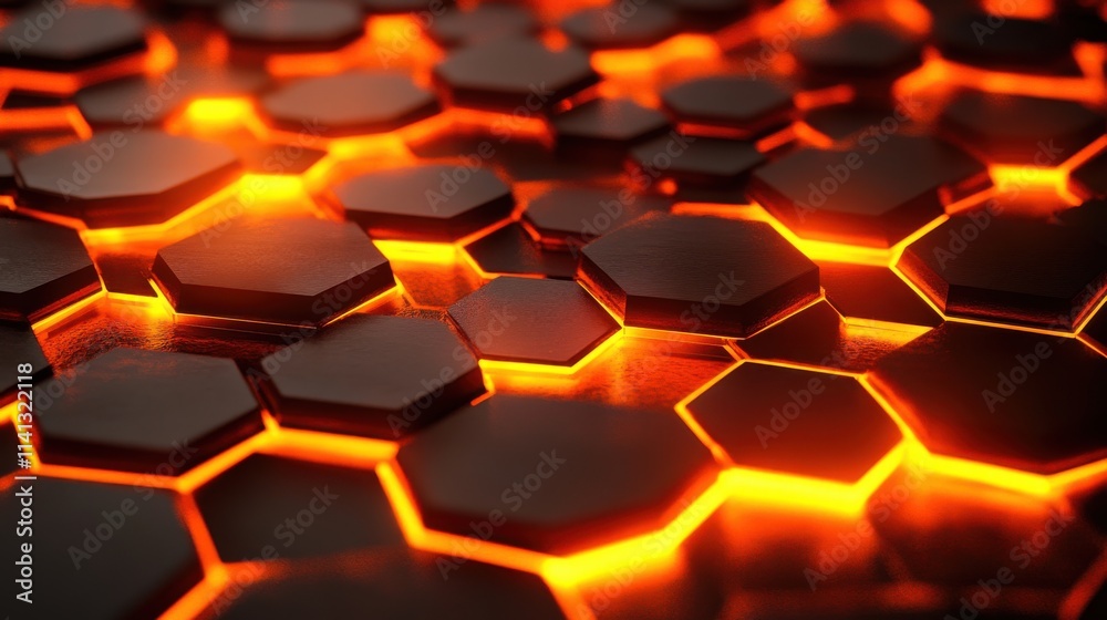 Poster a close-up view of glowing hexagonal patterns with warm orange light, creating a dynamic and futuris
