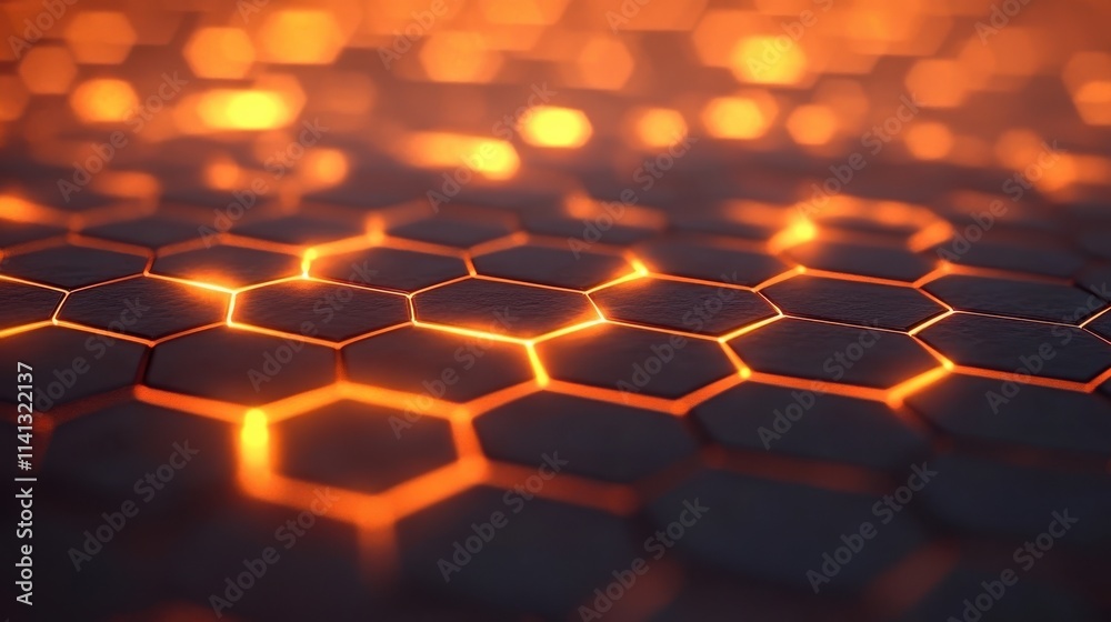 Poster an abstract close-up of hexagonal patterns illuminated by glowing orange lines, creating a vibrant a