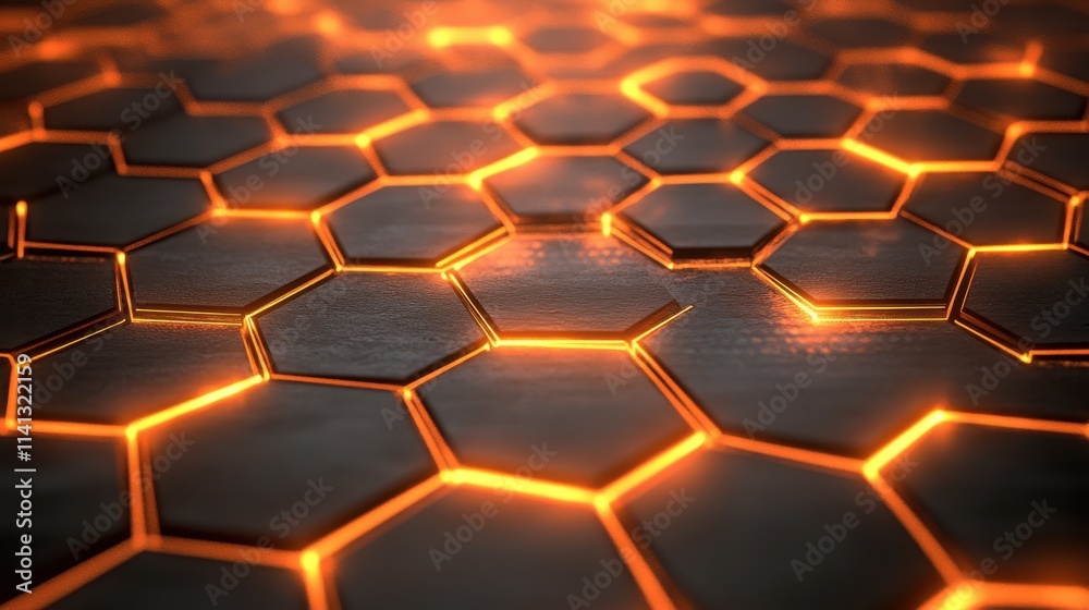 Poster intricate hexagonal patterns illuminated with a warm orange glow, creating a futuristic and dynamic 