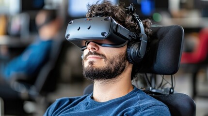 Portrait of a man wearing a high tech virtual reality headset immersed in a futuristic digital environment exploring new frontiers of technology and entertainment