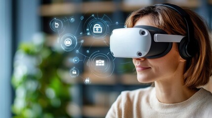 Young woman wearing virtual reality headset exploring digital technologies in modern office workspace with plants and furniture  Immersed in innovative futuristic business or entertainment experience