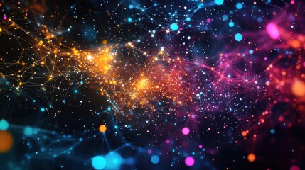 A vibrant, colorful depiction of digital connections and cosmic patterns in a galaxy-like space.