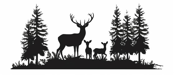 silhouette vector of deer family with baby at forest hunting