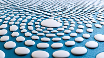 The image features concentric patterns of white droplets on a blue surface, creating a visually striking and intricate design.