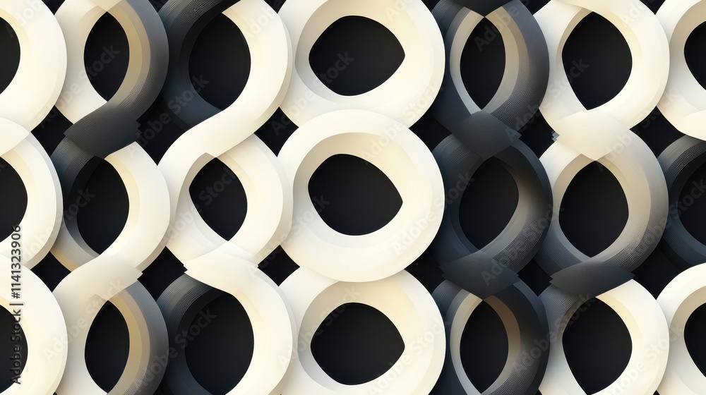Poster abstract geometric pattern with interlocking loops in black and white tones, creating a modern visua
