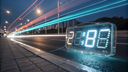 Digital timer displaying the date 2088 placed on the roadside with light trails from passing vehicles creating a futuristic atmosphere at dusk