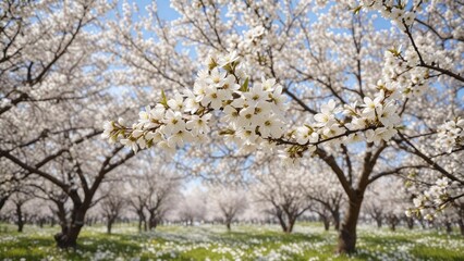 A field of white cherry blossoms in full bloom, bloom, cherry blossoms