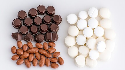 A colorful arrangement of chocolate and candy pieces, showcasing dark chocolate, milk chocolate-covered nuts, and white candies.