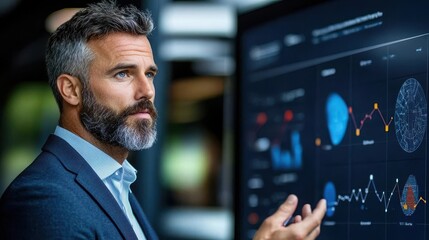 Focused businessman wearing suit and tie analyzing complex financial data analytics and trading graphs on computer dashboard in modern office environment