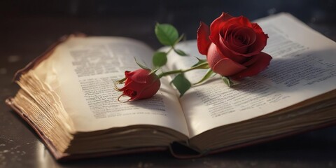A single red rose with delicate white stamens rests on an open book's blank page, its scent wafting up, petals, scent, page