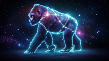 A digitally rendered glowing gorilla traverses a cosmic landscape, blending nature and technology.
