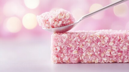 Naklejka premium A soft pink dessert bar with a scoop being taken out, set against a blurred pink backdrop, exuding a sweet and inviting aesthetic.