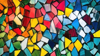 A vibrant mosaic of colorful glass pieces, showcasing a blend of reds, yellows, blues, and greens, creating an abstract art piece.