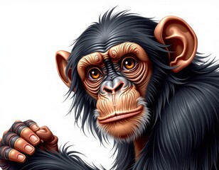 A charming, animated close-up of a chimpanzee's expressive face, with vibrant black fur framing bright orange-rimmed eyes and a mischievous grin