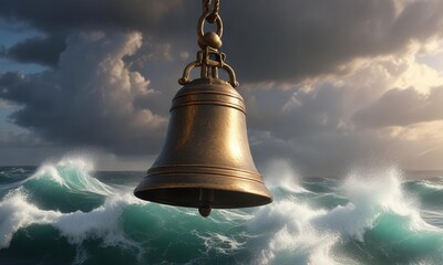 Ancient bronze ship bell suspended in the air over a turbulent ocean wave , vessel, propeller