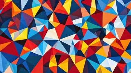 A vibrant abstract painting featuring a dynamic array of colorful geometric shapes and patterns.