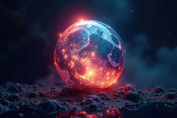 Ancient mystical orb glows softly on dark canvas, dark, glow