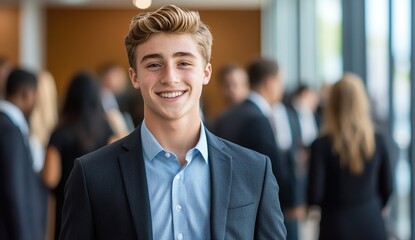 Fototapeta premium Young Professional Smiles Confidently in Business Attire, Exuding Success and Ambition in Corporate Setting.