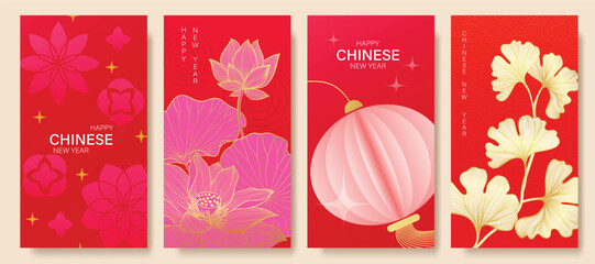 Chinese New Year 2025 hongbao red envelope design vector. Collection of Chinese festival with lantern, lotus, ginkgo leaf, pattern. Elegant oriental illustration for ang pao, cover, calendar, ads. © babeer