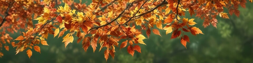 Branch with brightly colored autumn leaves against a green background , autumn leaves, fall colors, foliage
