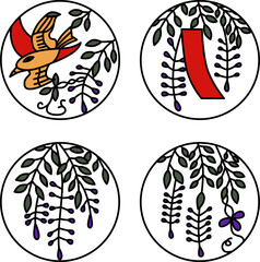 4月のカラーシンプル円形花札アイコンセット